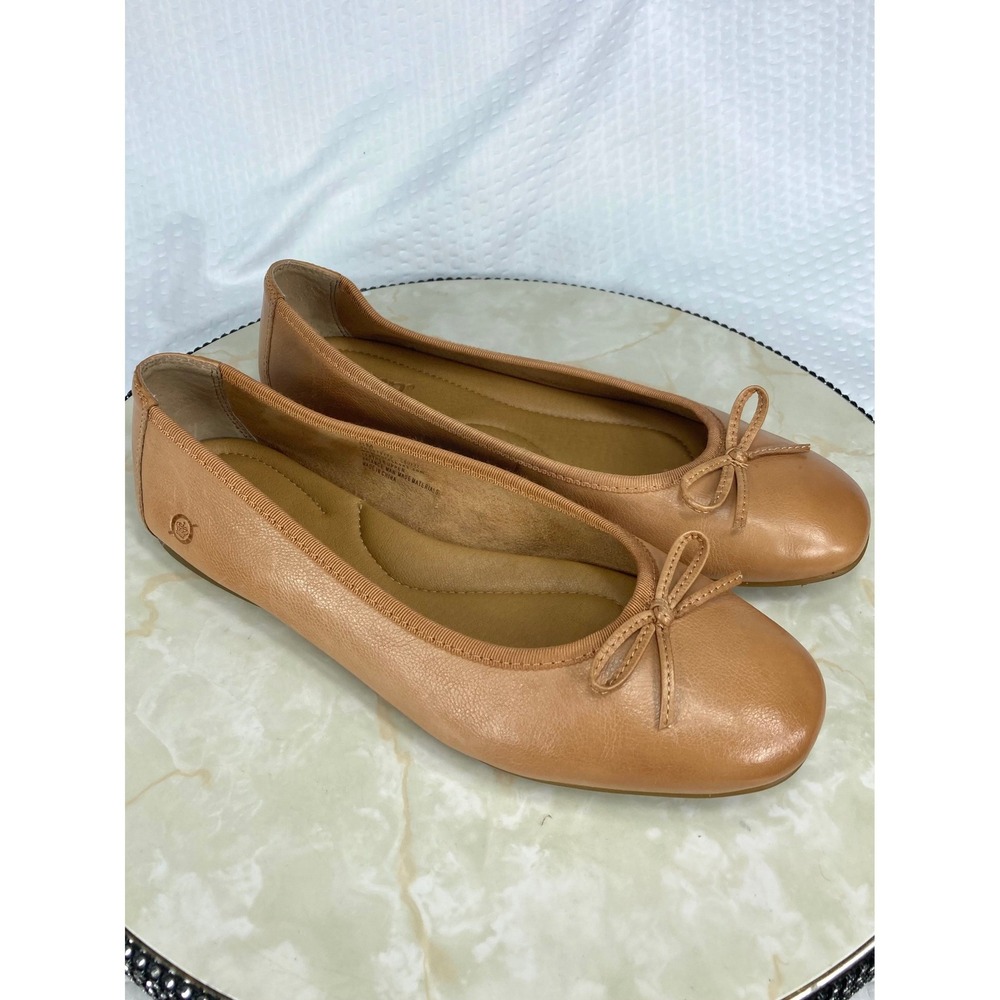 Born Brin Leather Ballet Flats Women 8M Tan Bow Round Toe Casual Ballerina Shoes